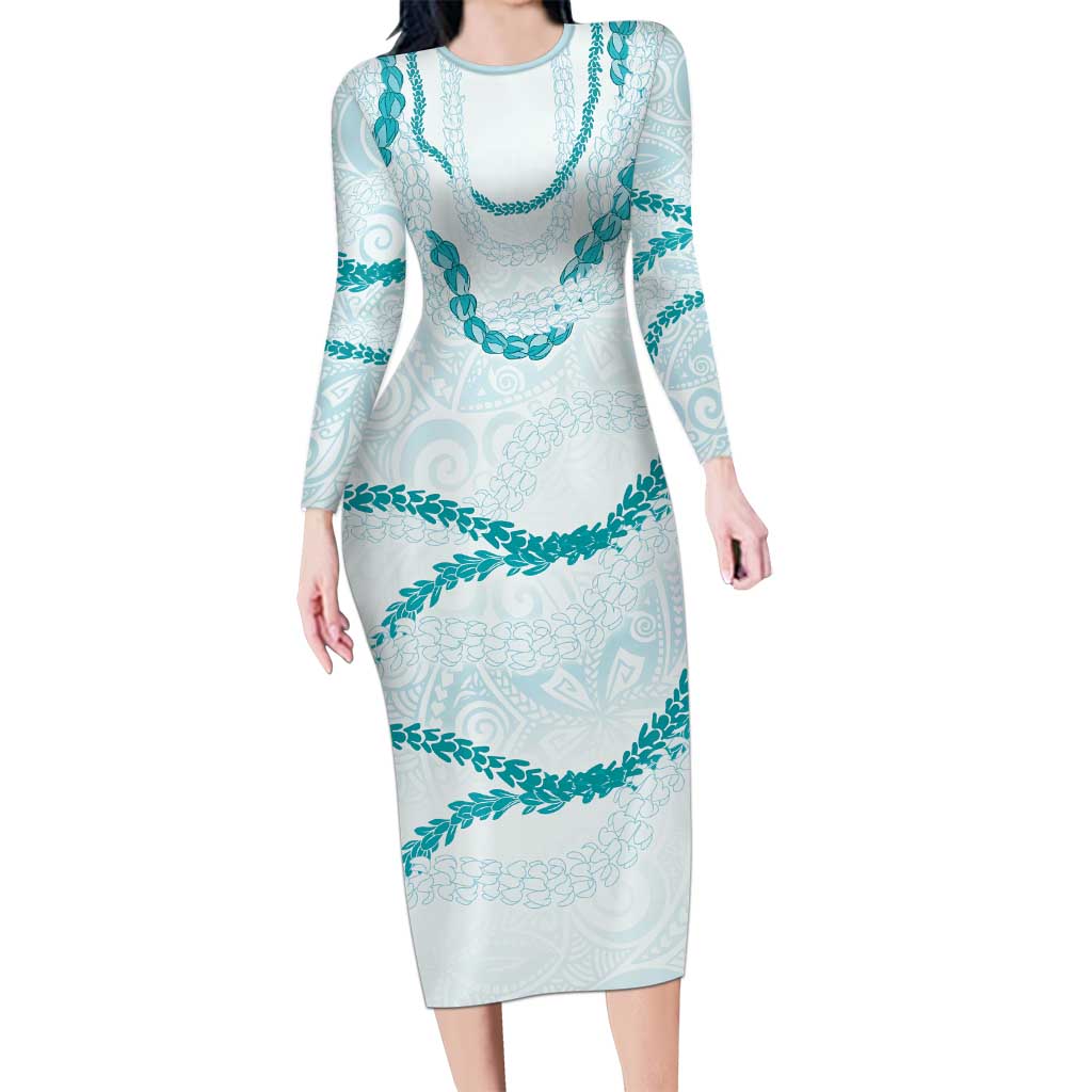 Aloha Lei Mikioi Family Matching Long Sleeve Bodycon Dress and Hawaiian Shirt Teal Polynesian Tribal Tatau Pattern