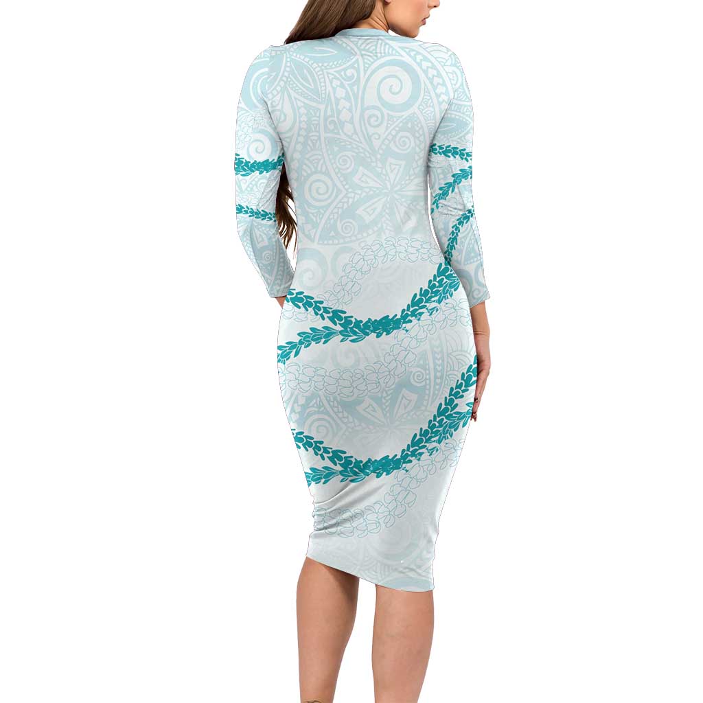 Aloha Lei Mikioi Family Matching Long Sleeve Bodycon Dress and Hawaiian Shirt Teal Polynesian Tribal Tatau Pattern