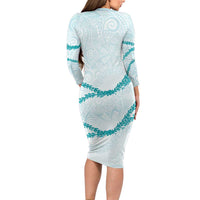 Aloha Lei Mikioi Family Matching Long Sleeve Bodycon Dress and Hawaiian Shirt Teal Polynesian Tribal Tatau Pattern