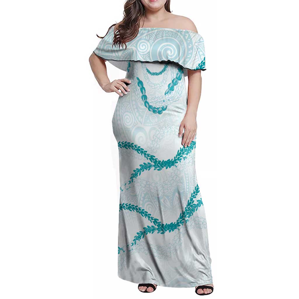 Aloha Lei Mikioi Family Matching Off Shoulder Maxi Dress and Hawaiian Shirt Teal Polynesian Tribal Tatau Pattern