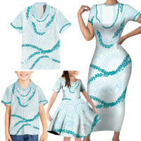 Aloha Lei Mikioi Family Matching Short Sleeve Bodycon Dress and Hawaiian Shirt Teal Polynesian Tribal Tatau Pattern