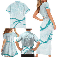 Aloha Lei Mikioi Family Matching Short Sleeve Bodycon Dress and Hawaiian Shirt Teal Polynesian Tribal Tatau Pattern