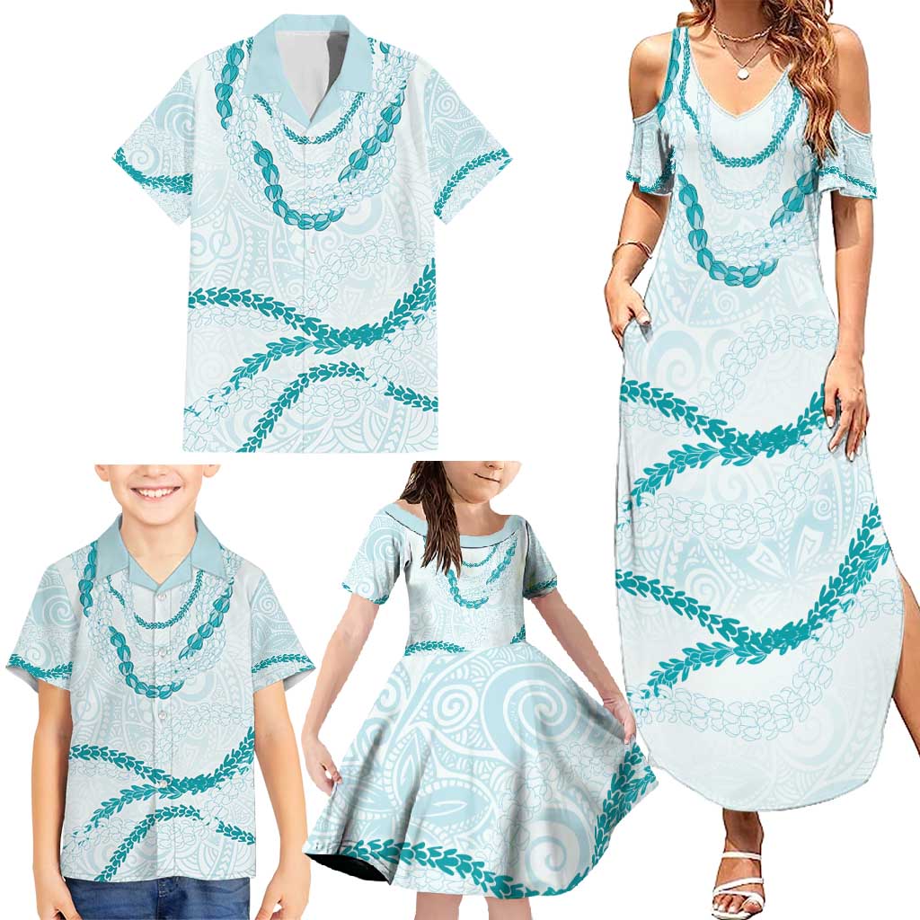 Aloha Lei Mikioi Family Matching Summer Maxi Dress and Hawaiian Shirt Teal Polynesian Tribal Tatau Pattern