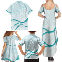 Aloha Lei Mikioi Family Matching Summer Maxi Dress and Hawaiian Shirt Teal Polynesian Tribal Tatau Pattern