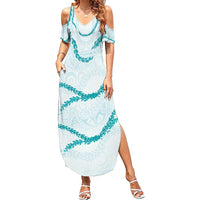 Aloha Lei Mikioi Family Matching Summer Maxi Dress and Hawaiian Shirt Teal Polynesian Tribal Tatau Pattern