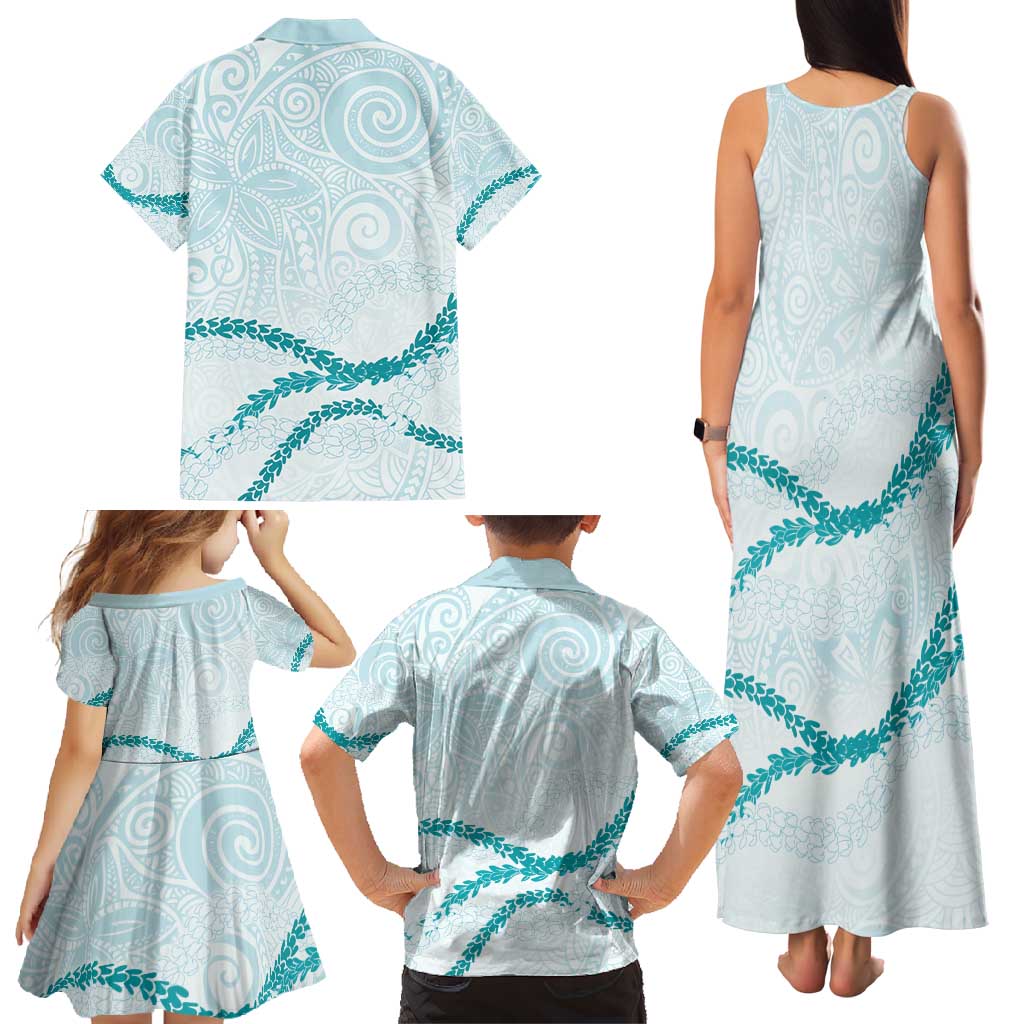 Aloha Lei Mikioi Family Matching Tank Maxi Dress and Hawaiian Shirt Teal Polynesian Tribal Tatau Pattern