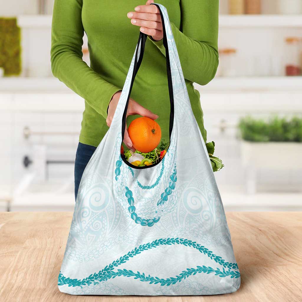Aloha Lei Mikioi Grocery Bag Teal Polynesian Tribal Tatau Pattern