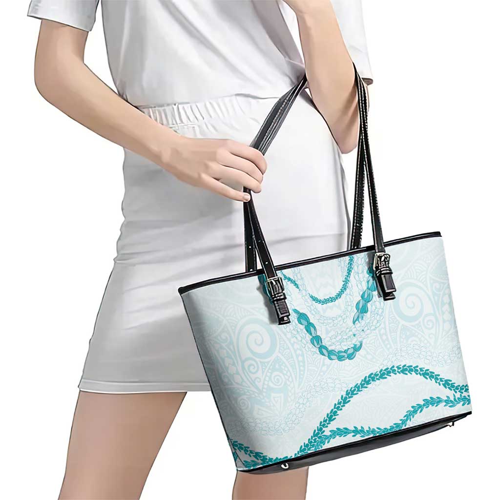 Aloha Lei Mikioi Leather Tote Bag Teal Polynesian Tribal Tatau Pattern