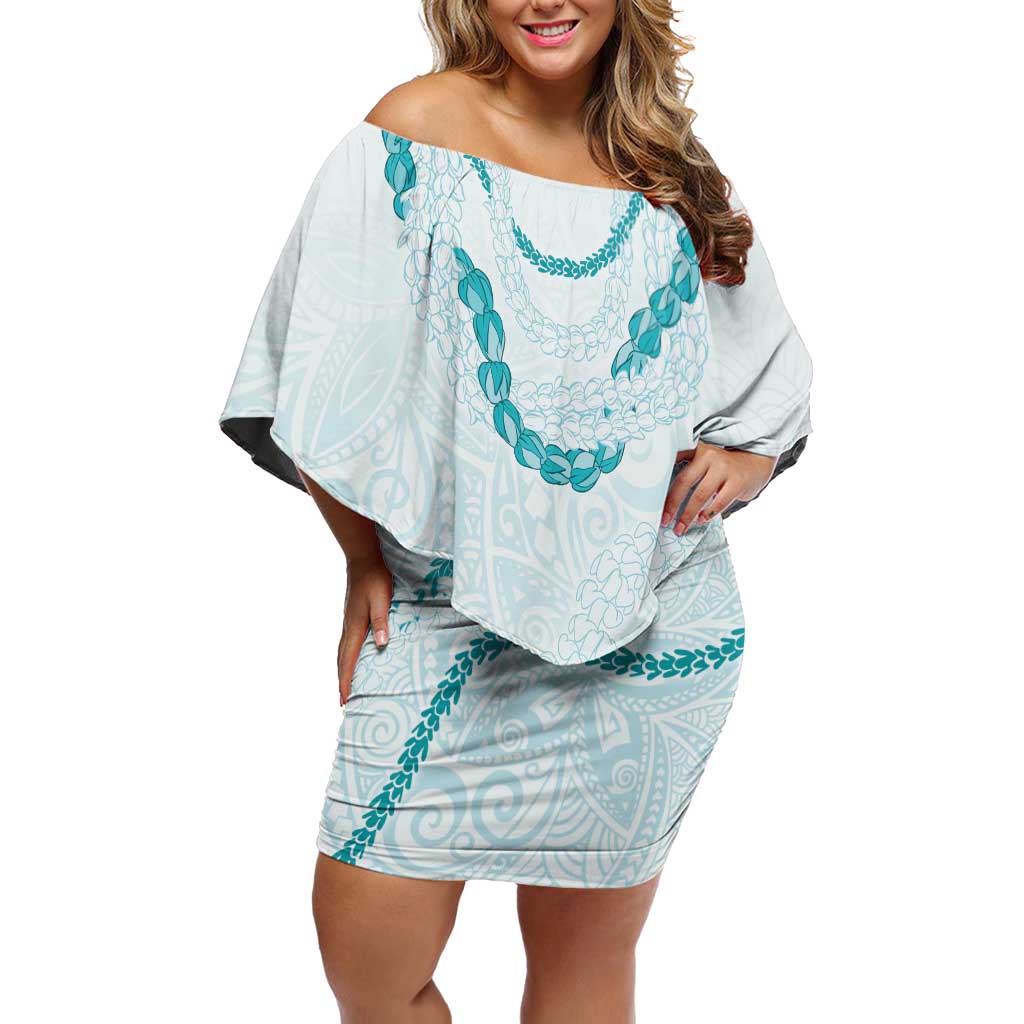 Aloha Lei Mikioi Off Shoulder Short Dress Teal Polynesian Tribal Tatau Pattern