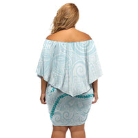 Aloha Lei Mikioi Off Shoulder Short Dress Teal Polynesian Tribal Tatau Pattern