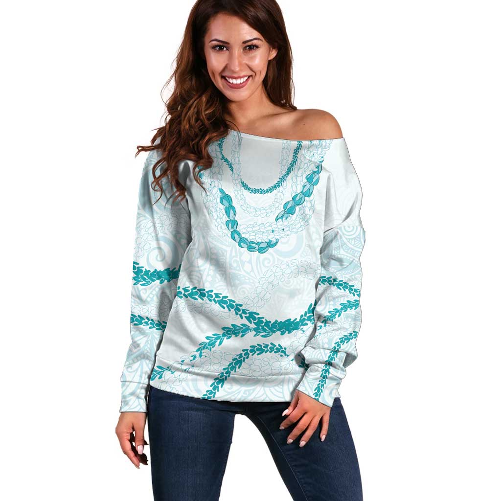 Aloha Lei Mikioi Off Shoulder Sweater Teal Polynesian Tribal Tatau Pattern