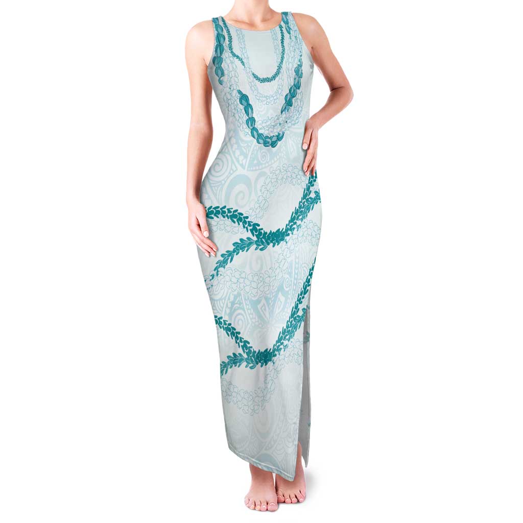 Aloha Lei Mikioi Tank Maxi Dress Teal Polynesian Tribal Tatau Pattern