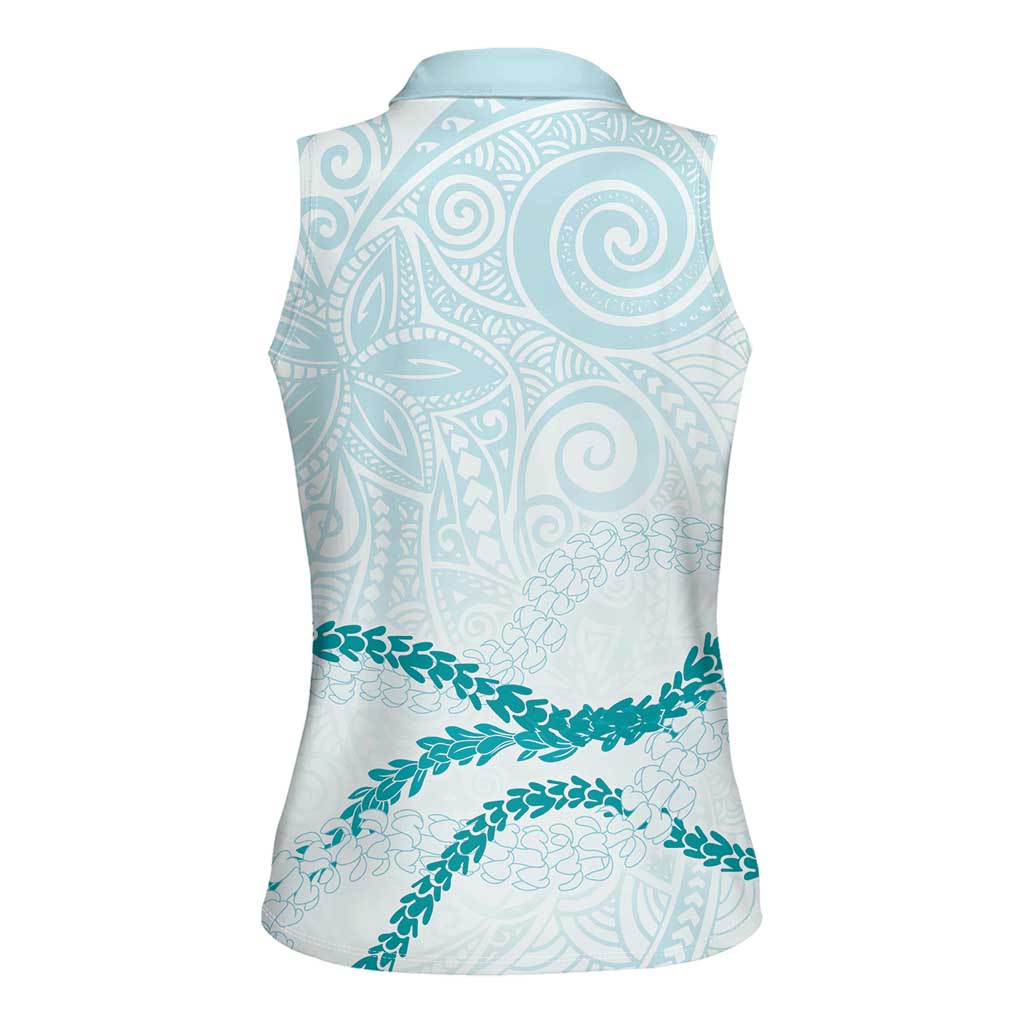 Aloha Lei Mikioi Women Sleeveless Polo Shirt Teal Polynesian Tribal Tatau Pattern