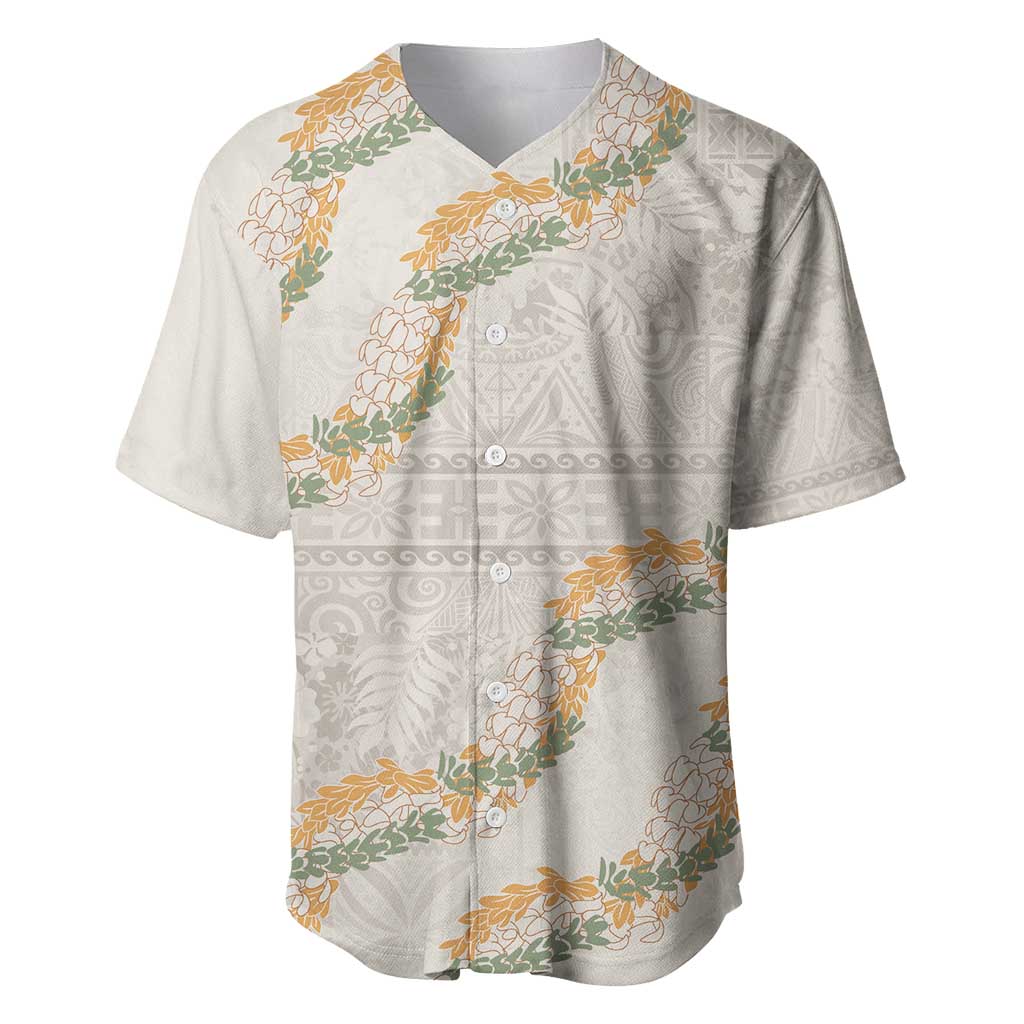 Aloha Pakalana and Puakenikeni Lei Baseball Jersey Beige Hawaiian Pattern