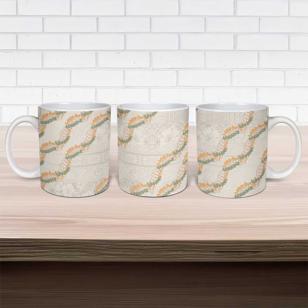 Aloha Pakalana and Puakenikeni Lei Ceramic Mug Beige Hawaiian Pattern - Polynesian Pride