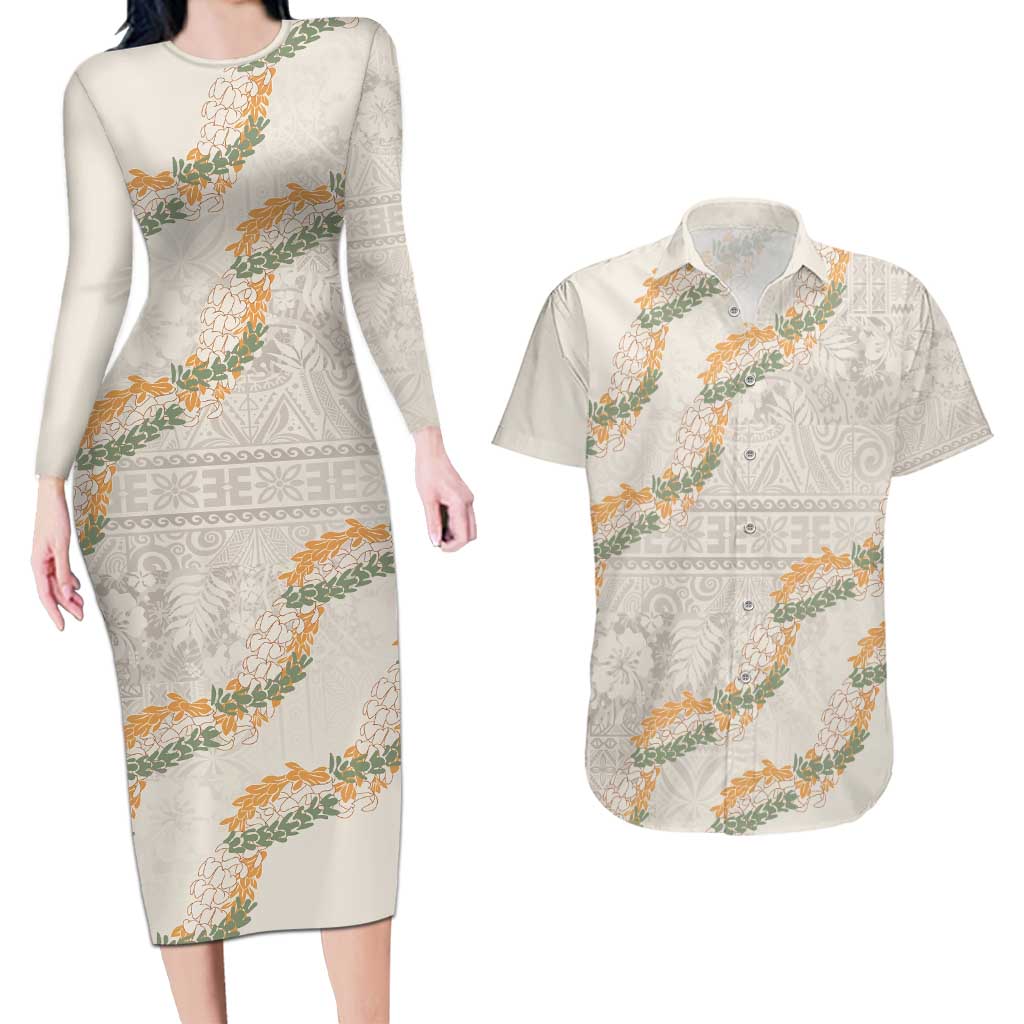Aloha Pakalana and Puakenikeni Lei Couples Matching Long Sleeve Bodycon Dress and Hawaiian Shirt Beige Hawaiian Pattern