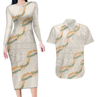 Aloha Pakalana and Puakenikeni Lei Couples Matching Long Sleeve Bodycon Dress and Hawaiian Shirt Beige Hawaiian Pattern