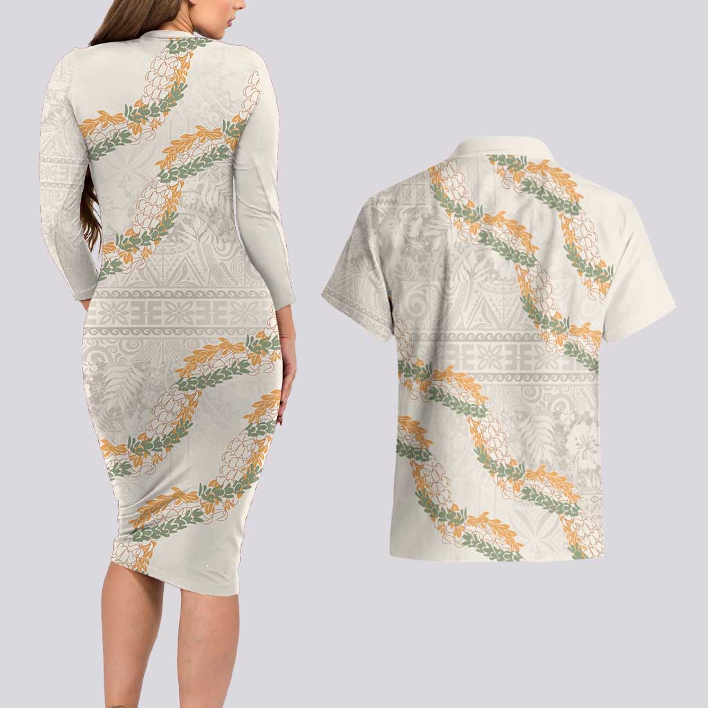 Aloha Pakalana and Puakenikeni Lei Couples Matching Long Sleeve Bodycon Dress and Hawaiian Shirt Beige Hawaiian Pattern