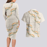 Aloha Pakalana and Puakenikeni Lei Couples Matching Long Sleeve Bodycon Dress and Hawaiian Shirt Beige Hawaiian Pattern