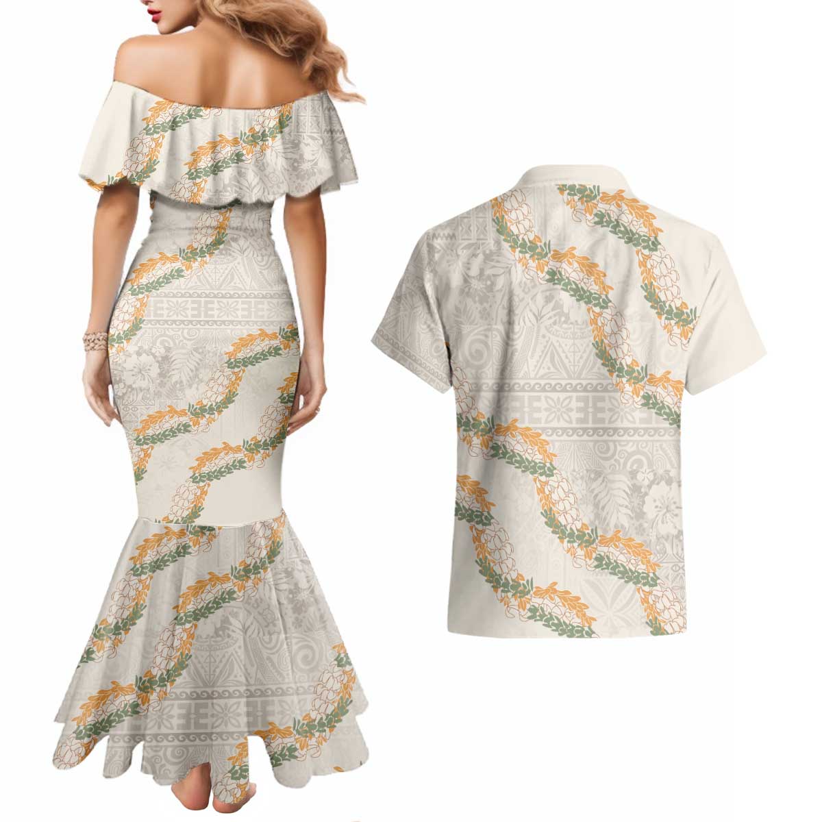 Aloha Pakalana and Puakenikeni Lei Couples Matching Mermaid Dress and Hawaiian Shirt Beige Hawaiian Pattern