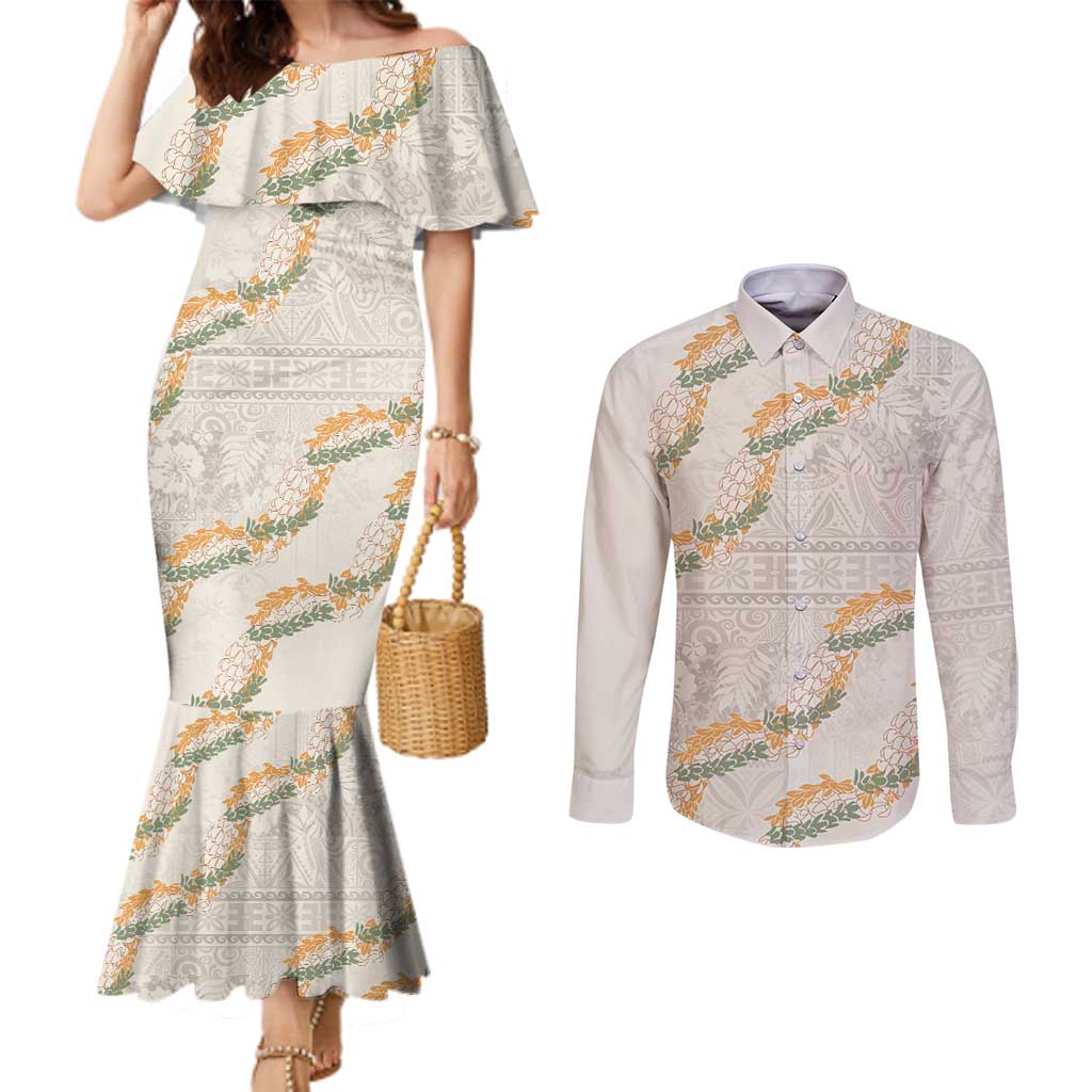 Aloha Pakalana and Puakenikeni Lei Couples Matching Mermaid Dress and Long Sleeve Button Shirt Beige Hawaiian Pattern