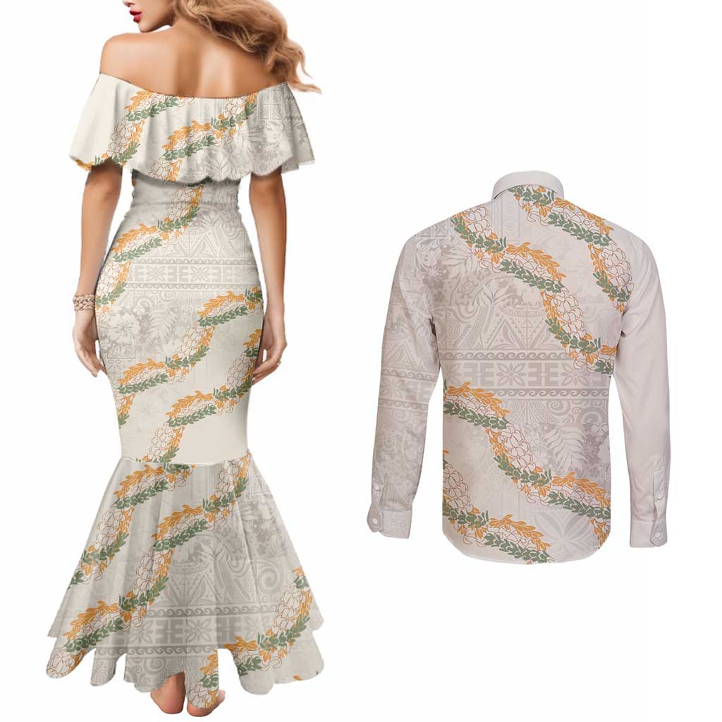Aloha Pakalana and Puakenikeni Lei Couples Matching Mermaid Dress and Long Sleeve Button Shirt Beige Hawaiian Pattern