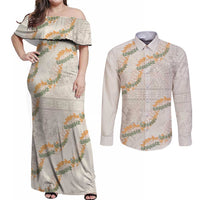 Aloha Pakalana and Puakenikeni Lei Couples Matching Off Shoulder Maxi Dress and Long Sleeve Button Shirt Beige Hawaiian Pattern