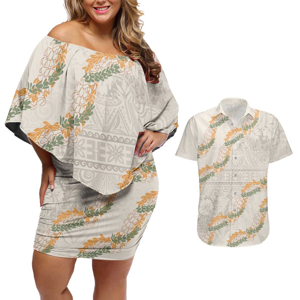 Aloha Pakalana and Puakenikeni Lei Couples Matching Off Shoulder Short Dress and Hawaiian Shirt Beige Hawaiian Pattern