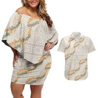 Aloha Pakalana and Puakenikeni Lei Couples Matching Off Shoulder Short Dress and Hawaiian Shirt Beige Hawaiian Pattern