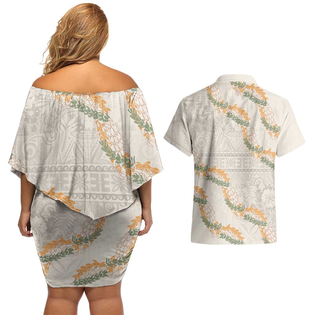 Aloha Pakalana and Puakenikeni Lei Couples Matching Off Shoulder Short Dress and Hawaiian Shirt Beige Hawaiian Pattern