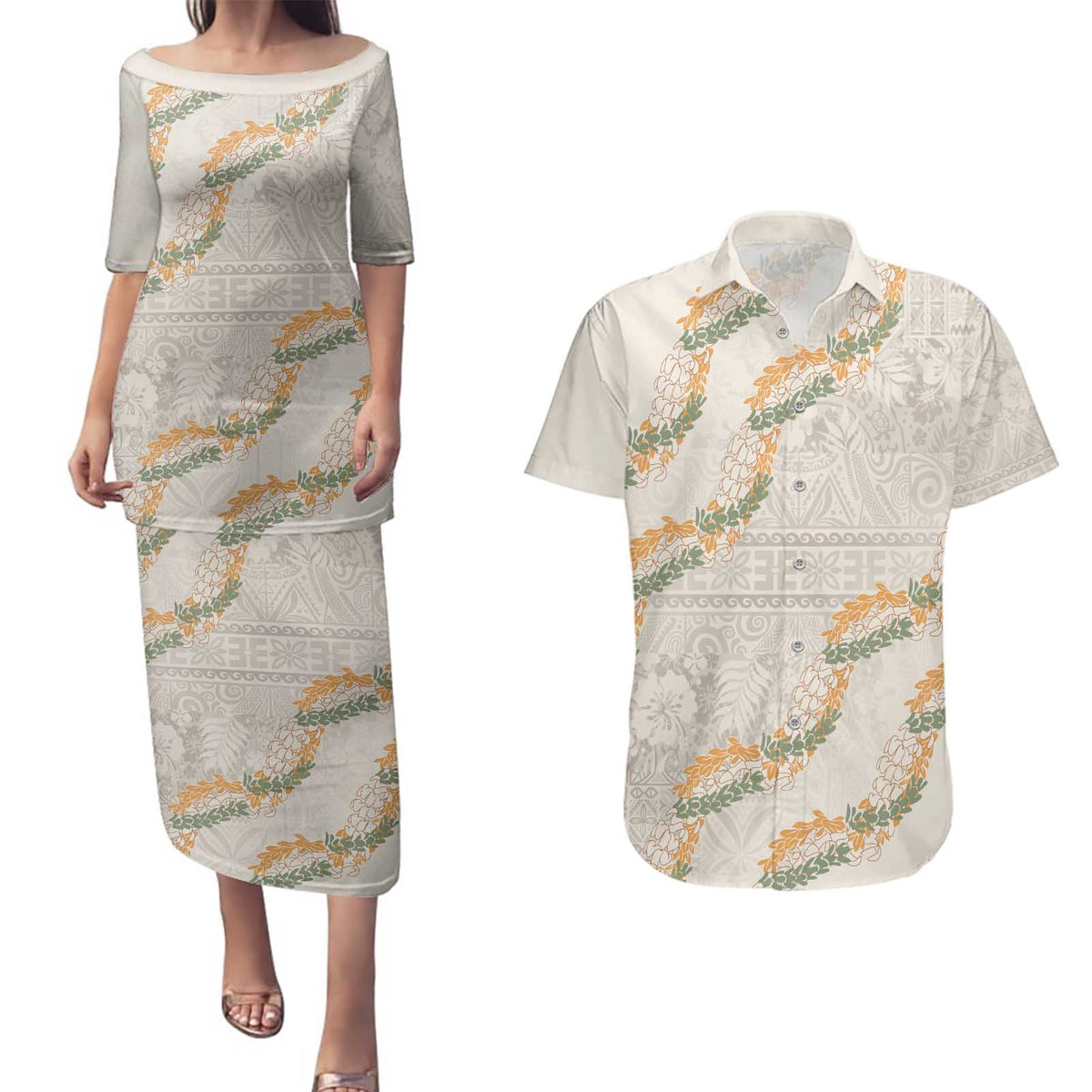 Aloha Pakalana and Puakenikeni Lei Couples Matching Puletasi and Hawaiian Shirt Beige Hawaiian Pattern