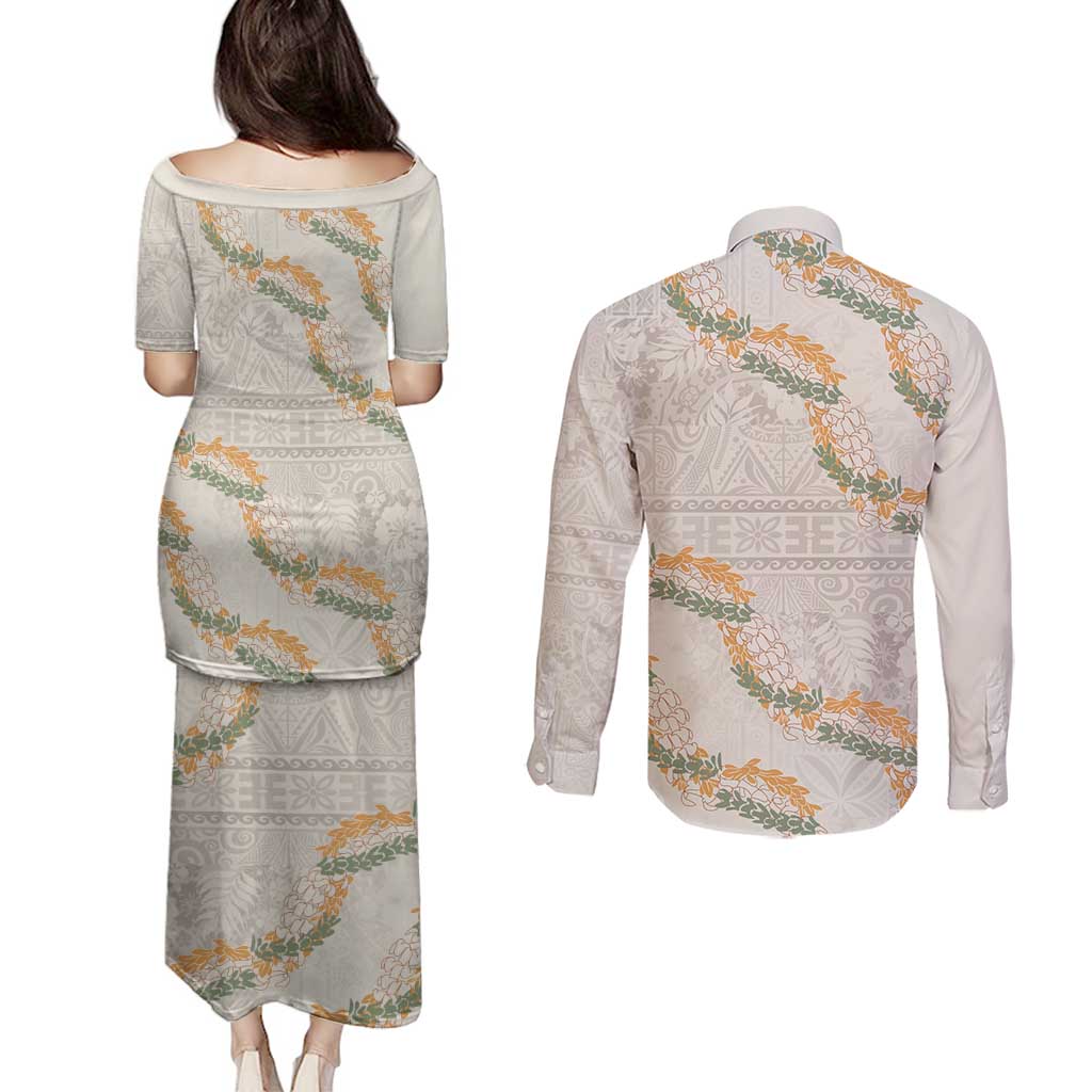 Aloha Pakalana and Puakenikeni Lei Couples Matching Puletasi and Long Sleeve Button Shirt Beige Hawaiian Pattern
