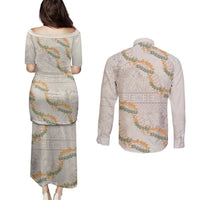 Aloha Pakalana and Puakenikeni Lei Couples Matching Puletasi and Long Sleeve Button Shirt Beige Hawaiian Pattern