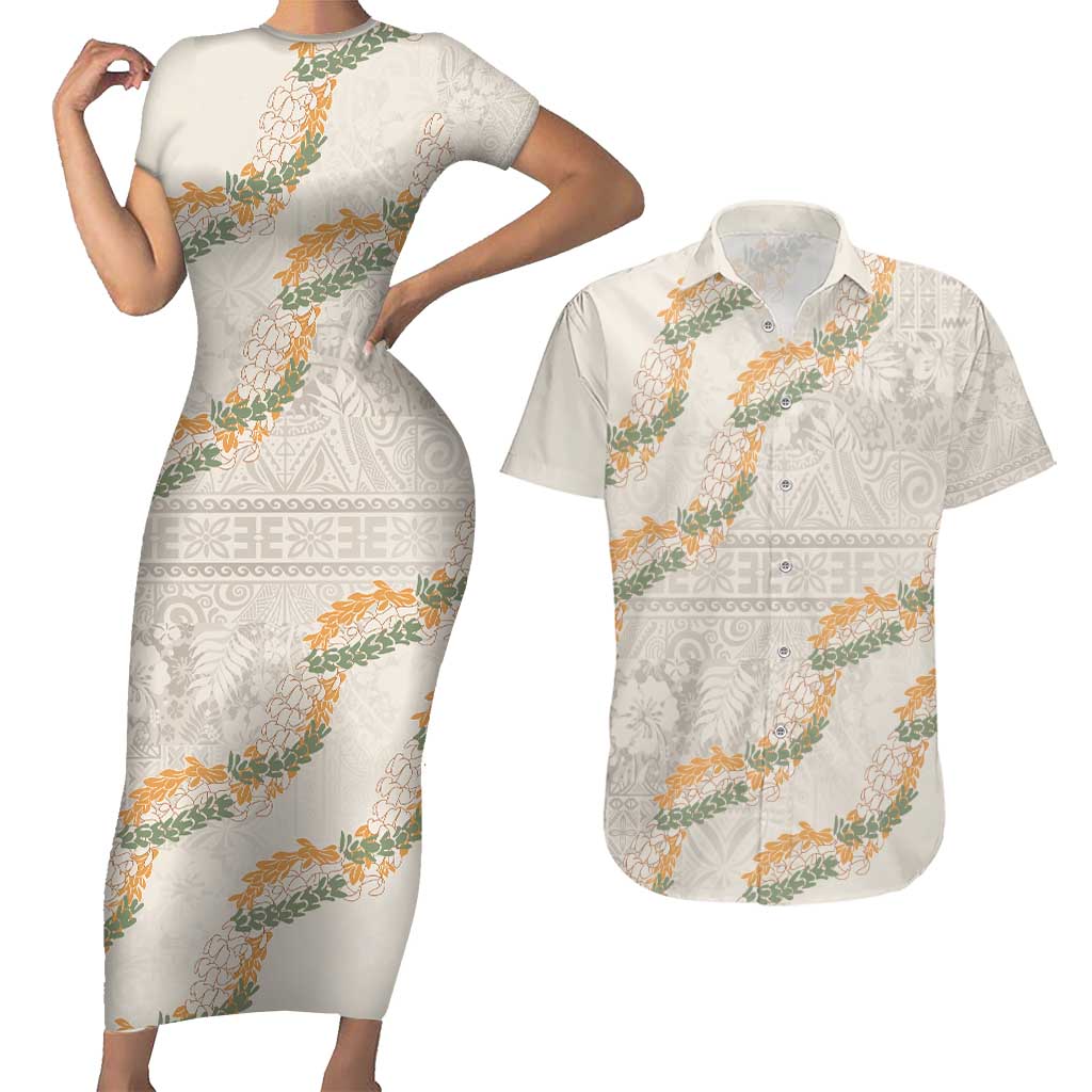Aloha Pakalana and Puakenikeni Lei Couples Matching Short Sleeve Bodycon Dress and Hawaiian Shirt Beige Hawaiian Pattern