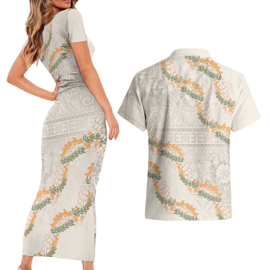 Aloha Pakalana and Puakenikeni Lei Couples Matching Short Sleeve Bodycon Dress and Hawaiian Shirt Beige Hawaiian Pattern