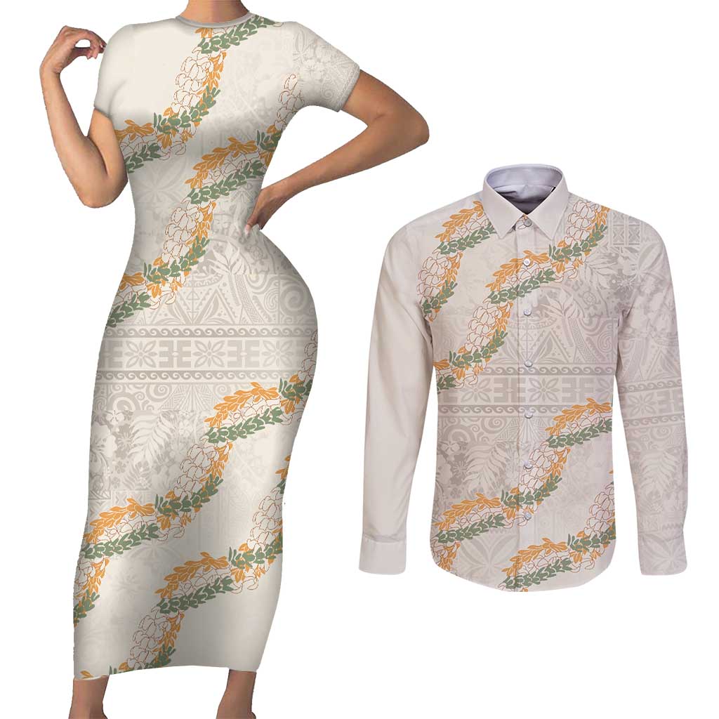 Aloha Pakalana and Puakenikeni Lei Couples Matching Short Sleeve Bodycon Dress and Long Sleeve Button Shirt Beige Hawaiian Pattern