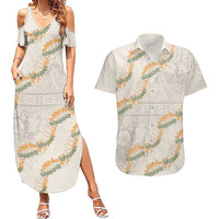 Aloha Pakalana and Puakenikeni Lei Couples Matching Summer Maxi Dress and Hawaiian Shirt Beige Hawaiian Pattern