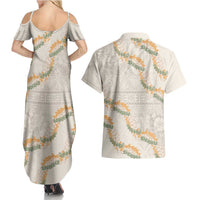 Aloha Pakalana and Puakenikeni Lei Couples Matching Summer Maxi Dress and Hawaiian Shirt Beige Hawaiian Pattern