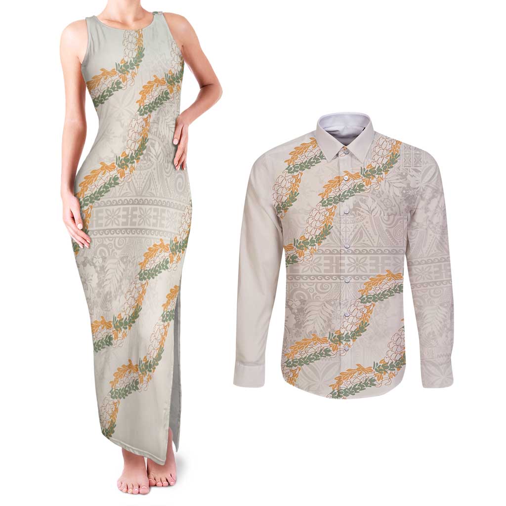 Aloha Pakalana and Puakenikeni Lei Couples Matching Tank Maxi Dress and Long Sleeve Button Shirt Beige Hawaiian Pattern