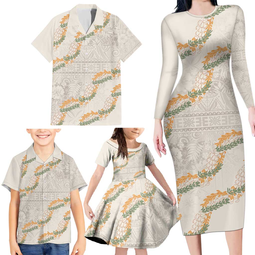 Aloha Pakalana and Puakenikeni Lei Family Matching Long Sleeve Bodycon Dress and Hawaiian Shirt Beige Hawaiian Pattern