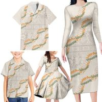 Aloha Pakalana and Puakenikeni Lei Family Matching Long Sleeve Bodycon Dress and Hawaiian Shirt Beige Hawaiian Pattern