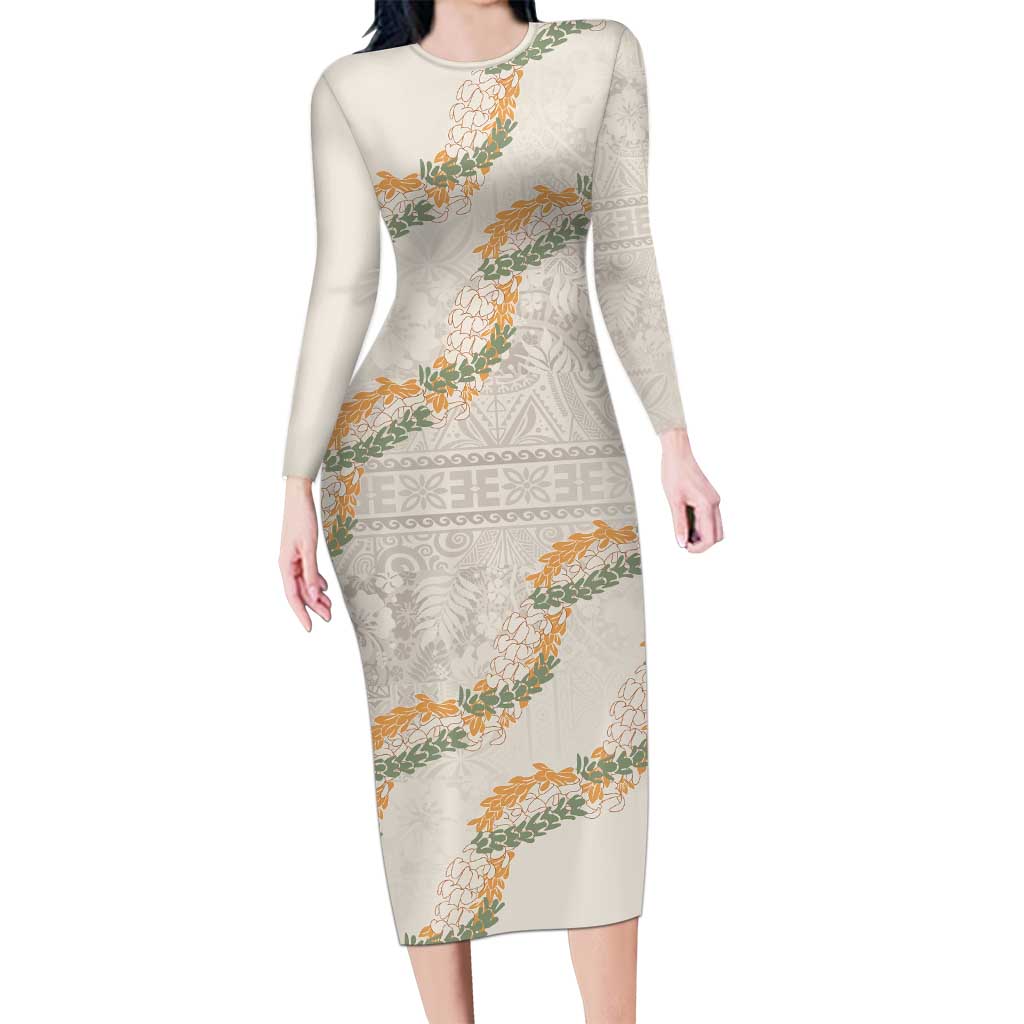 Aloha Pakalana and Puakenikeni Lei Family Matching Long Sleeve Bodycon Dress and Hawaiian Shirt Beige Hawaiian Pattern