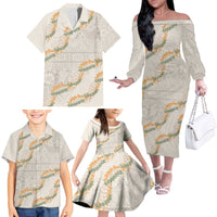 Aloha Pakalana and Puakenikeni Lei Family Matching Off The Shoulder Long Sleeve Dress and Hawaiian Shirt Beige Hawaiian Pattern