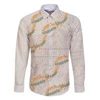 Aloha Pakalana and Puakenikeni Lei Family Matching Off The Shoulder Long Sleeve Dress and Hawaiian Shirt Beige Hawaiian Pattern