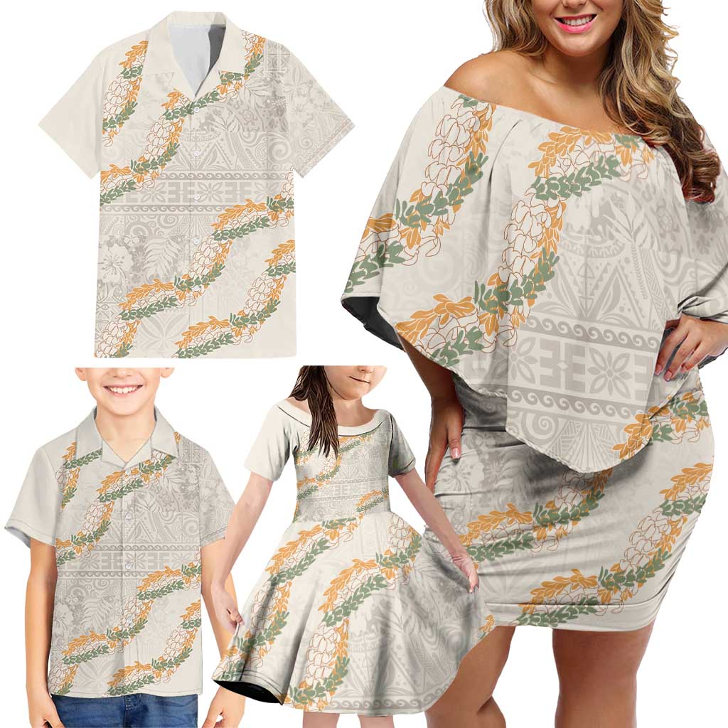 Aloha Pakalana and Puakenikeni Lei Family Matching Off Shoulder Short Dress and Hawaiian Shirt Beige Hawaiian Pattern