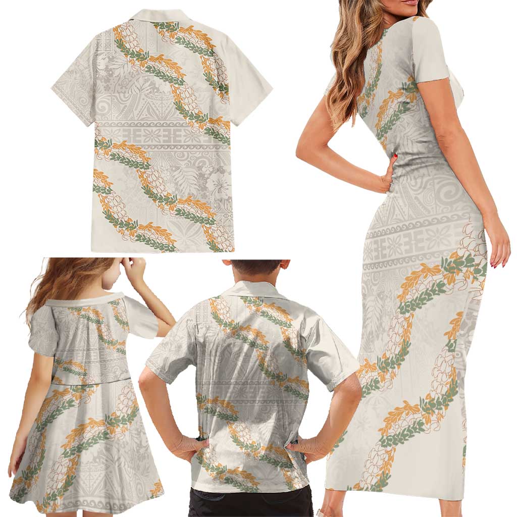 Aloha Pakalana and Puakenikeni Lei Family Matching Short Sleeve Bodycon Dress and Hawaiian Shirt Beige Hawaiian Pattern