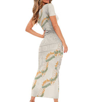 Aloha Pakalana and Puakenikeni Lei Family Matching Short Sleeve Bodycon Dress and Hawaiian Shirt Beige Hawaiian Pattern