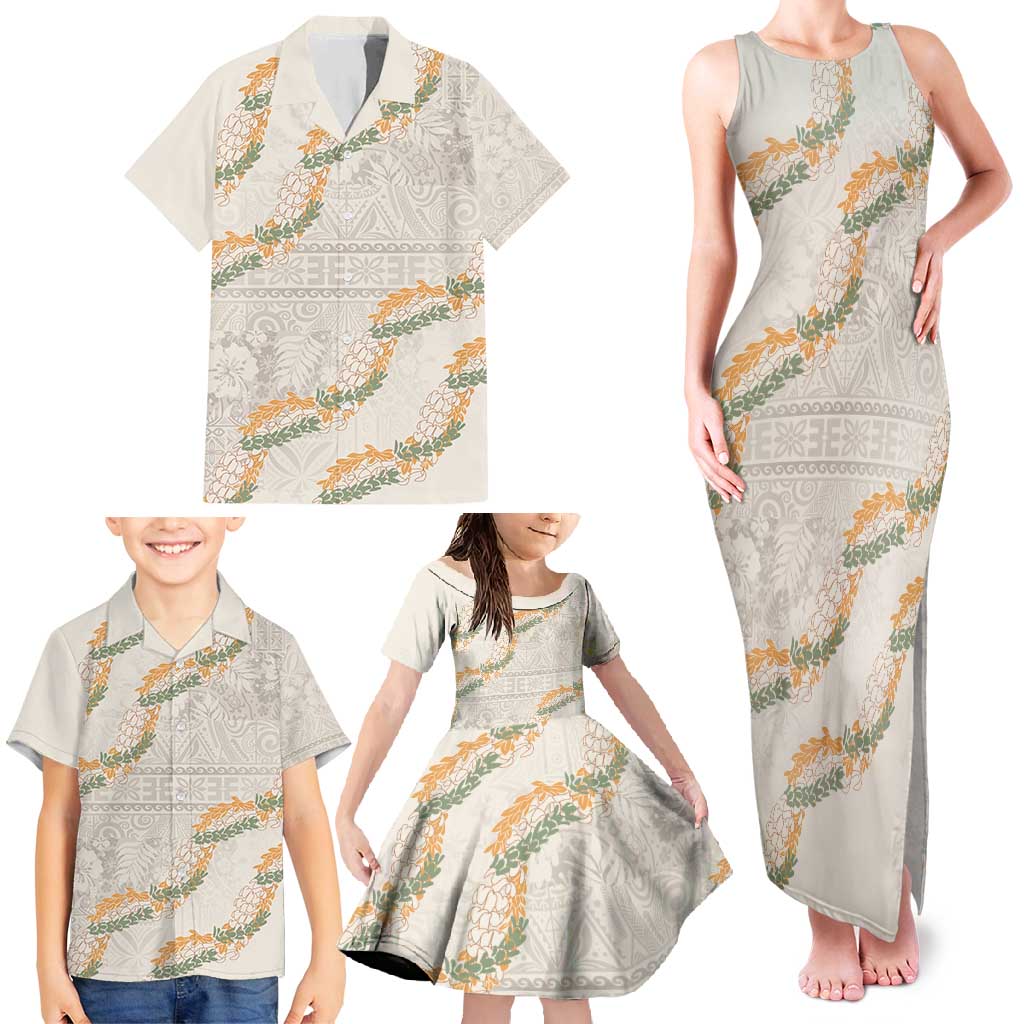 Aloha Pakalana and Puakenikeni Lei Family Matching Tank Maxi Dress and Hawaiian Shirt Beige Hawaiian Pattern
