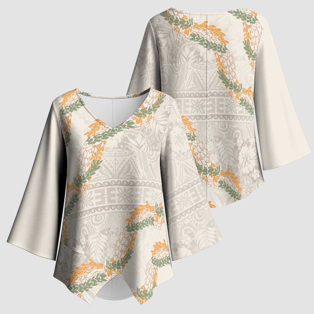 Aloha Pakalana and Puakenikeni Lei Kimono Sleeve Blouse Beige Hawaiian Pattern - Polynesian Pride
