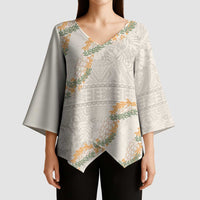 Aloha Pakalana and Puakenikeni Lei Kimono Sleeve Blouse Beige Hawaiian Pattern - Polynesian Pride
